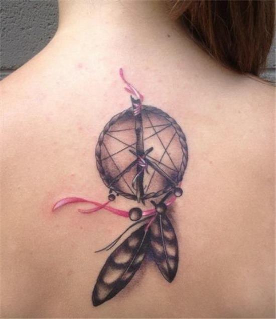 Black Ink Dreamcatcher Tattoo On Upper Back