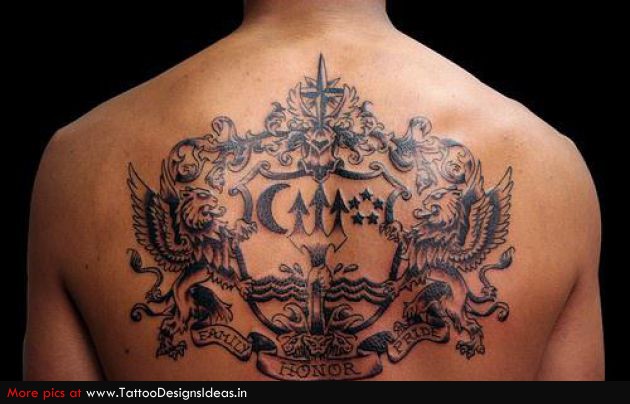 Black Ink Family Crest Tattoo On Man Upper Back