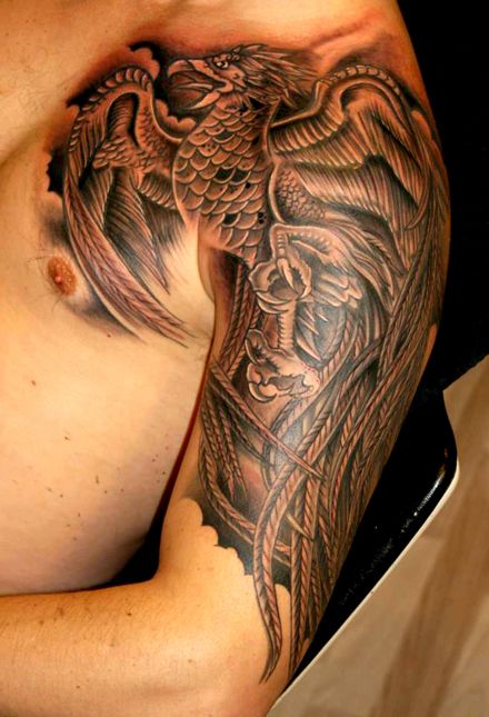 Black Ink Flying Phoenix Tattoo On Man Left Half Sleeve