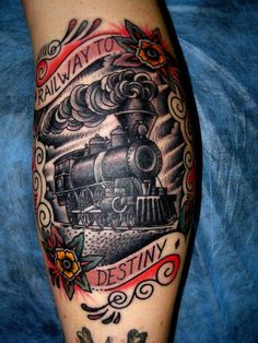 Black Ink Old Freight Train With Banner And Flower Tattoo Design