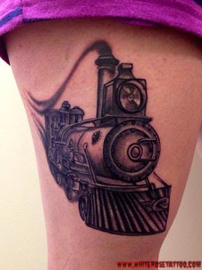 Black Ink Old Steam Train Tattoo Design For Girl Thigh