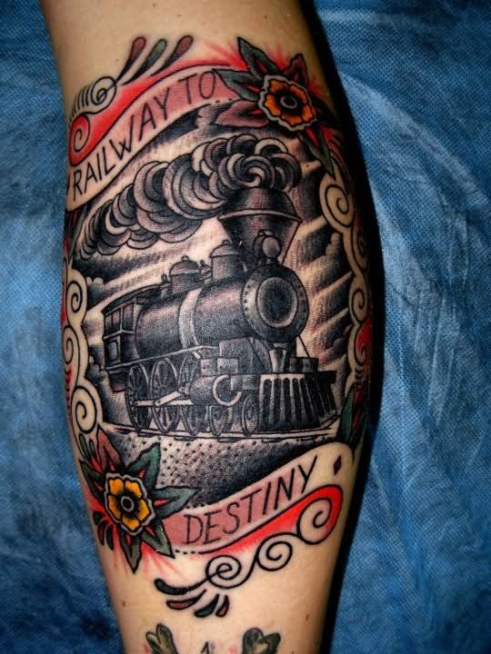Black Ink Old Steam Train Tattoo Design For Leg