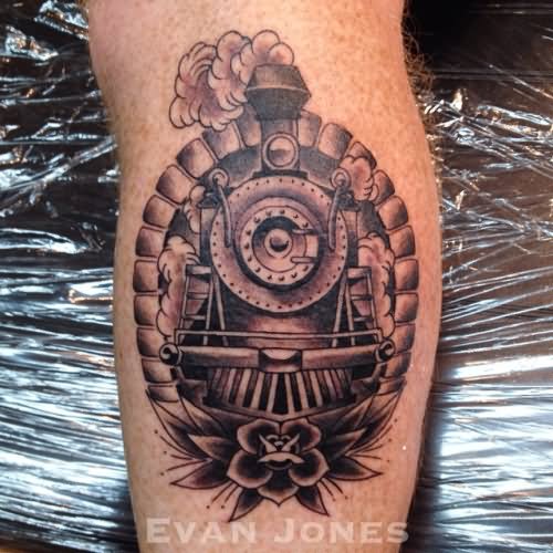 Black Ink Old Train Tattoo Design By Evan Jones
