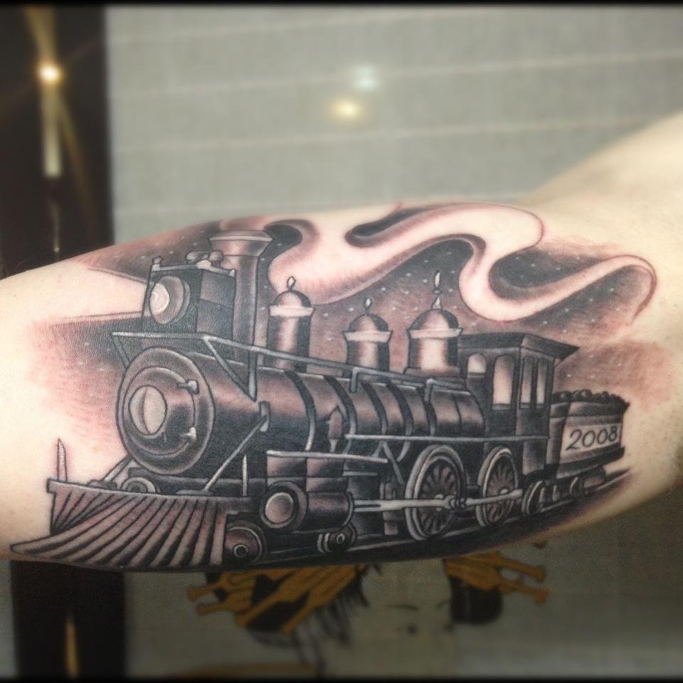 Black Ink Old Train Tattoo Design For Sleeve
