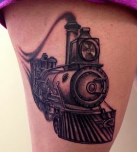 Black Ink Old Train Tattoo Design For Thigh