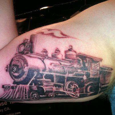 Black Ink Old Train Tattoo On Bicep