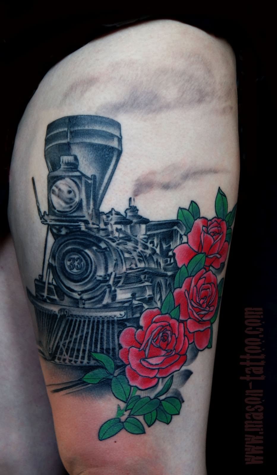 Black Ink Old Train With Red Roses Tattoo Design For Thigh