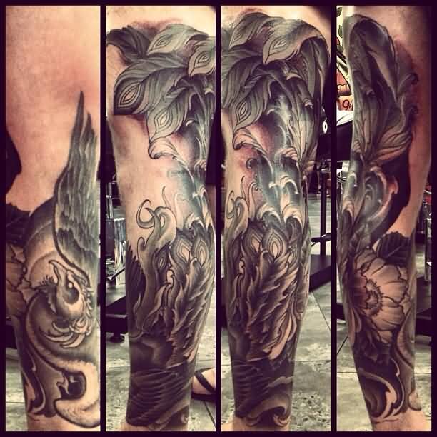 Black Ink Phoenix Tattoo Design For Full Leg By Daniel Formentin