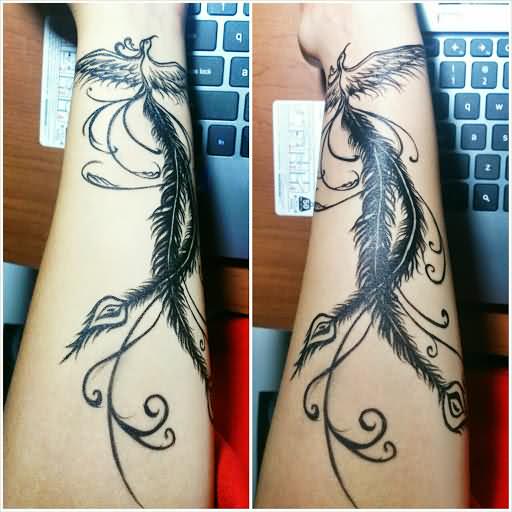 Black Ink Phoenix Tattoo On Forearm
