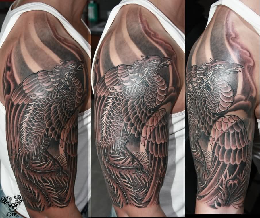 Black Ink Phoenix Tattoo On Man Right Half Sleeve