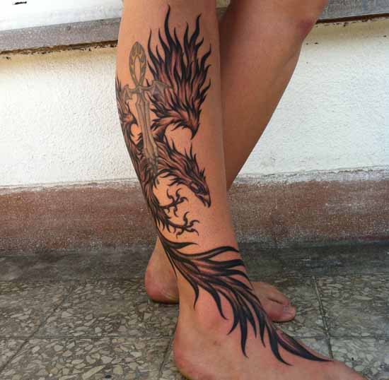 Black Ink Phoenix Tattoo On Right Leg By MorwenTivele