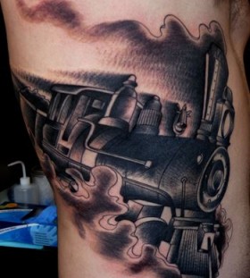 Black Ink Steam Train Tattoo Design For Side Rib
