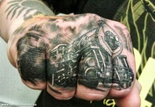 Black Ink Train Tattoo On Right Hand Fingers