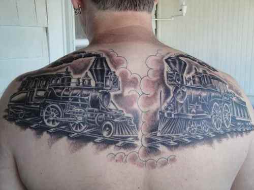 Black Ink Two Steam Train Tattoo On Upper Back