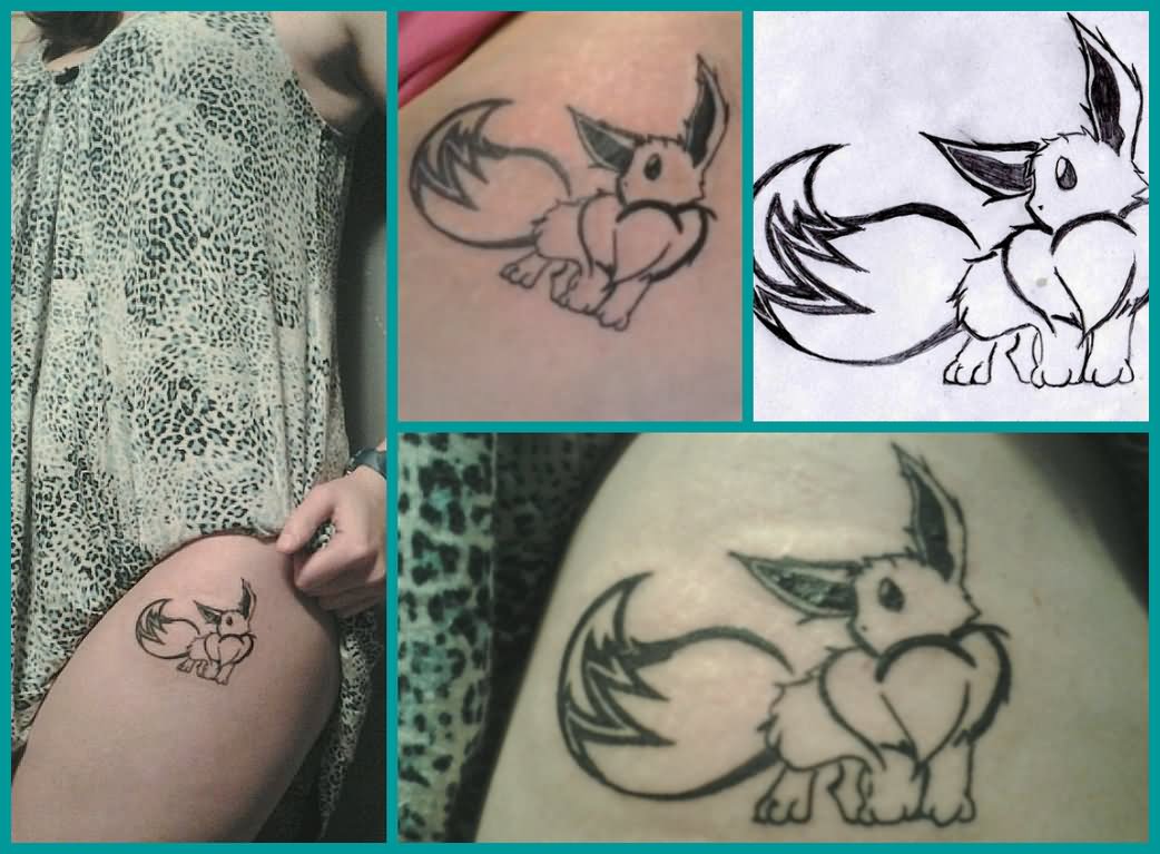 Black Outline Eevee Pokemon Tattoo Design For Side Thigh By Alissa