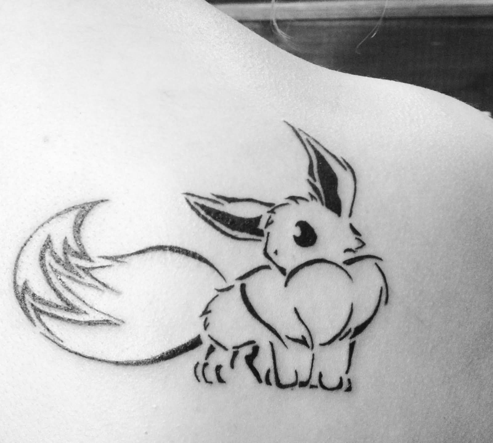 Black Outline Eevee Pokemon Tattoo On Right Back Shoulder