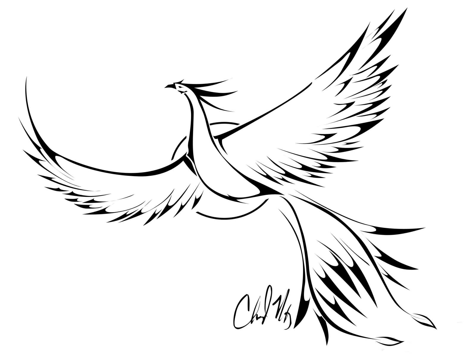 Black Outline Flying Phoenix Tattoo Stencil By Cheryl Maxey