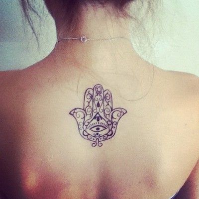 Black Outline Hamsa Tattoo On Girl Upper Back