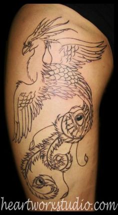 Black Outline Phoenix Tattoo Design For Upper Leg