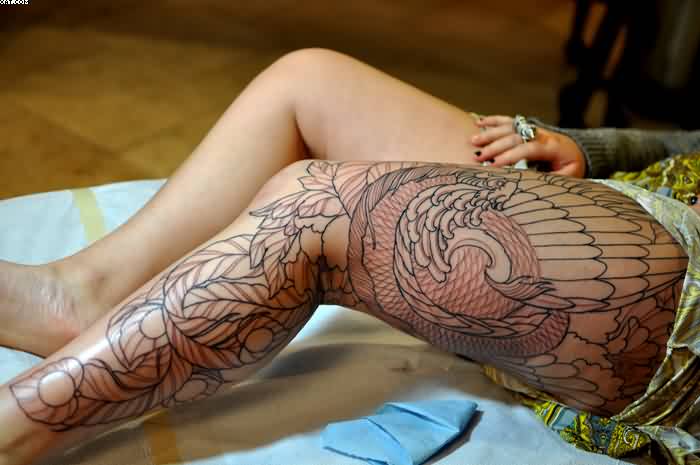 Black Outline Phoenix Tattoo On Left Full Leg By Rachel Collins