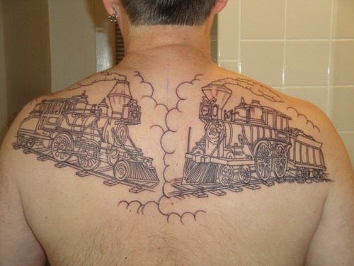 Black Outline Two Steam Train Tattoo On Man Upper Back