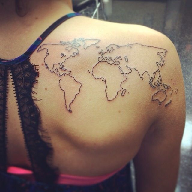Black Outline World Map Tattoo On Upper Right Back