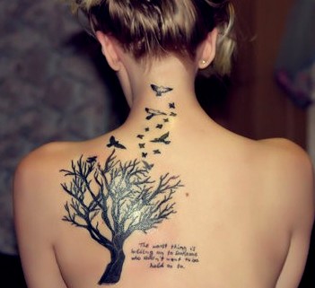 Black Tree Without Leaves With Flying Birds And Quote Tattoo On Girl Upper Back