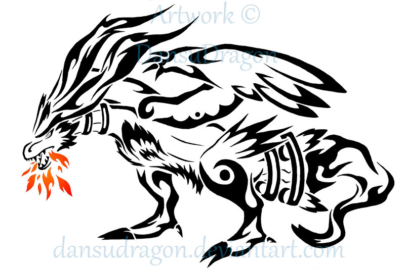 Black Tribal Reshiram Pokemon Tattoo Stencil