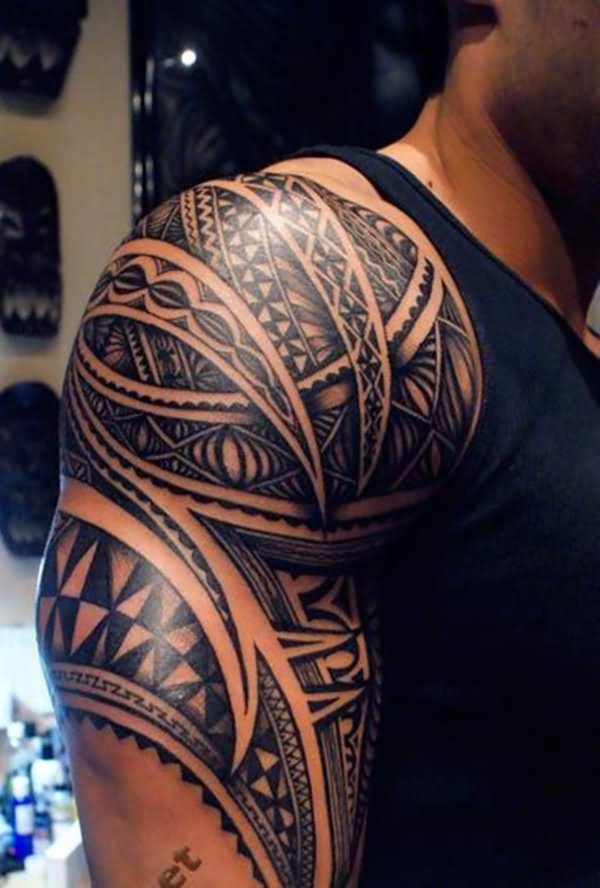 Black Tribal Shoulder Tattoo On Half Sleeve