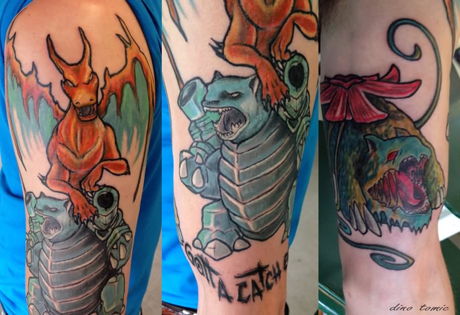 Blastoise With Charizard Pokemons Tattoo Design For Half Sleeve By AtomiccircuS