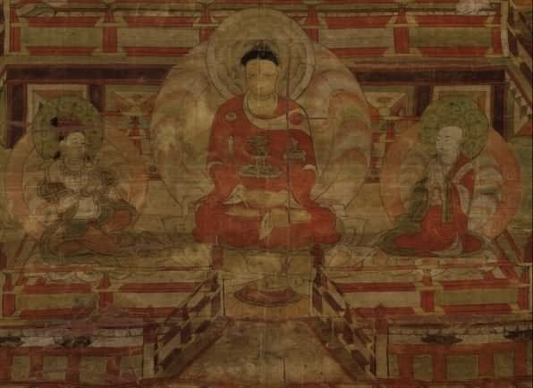 Buddha Between Two Bodhisattvas Painting At Mogao Caves