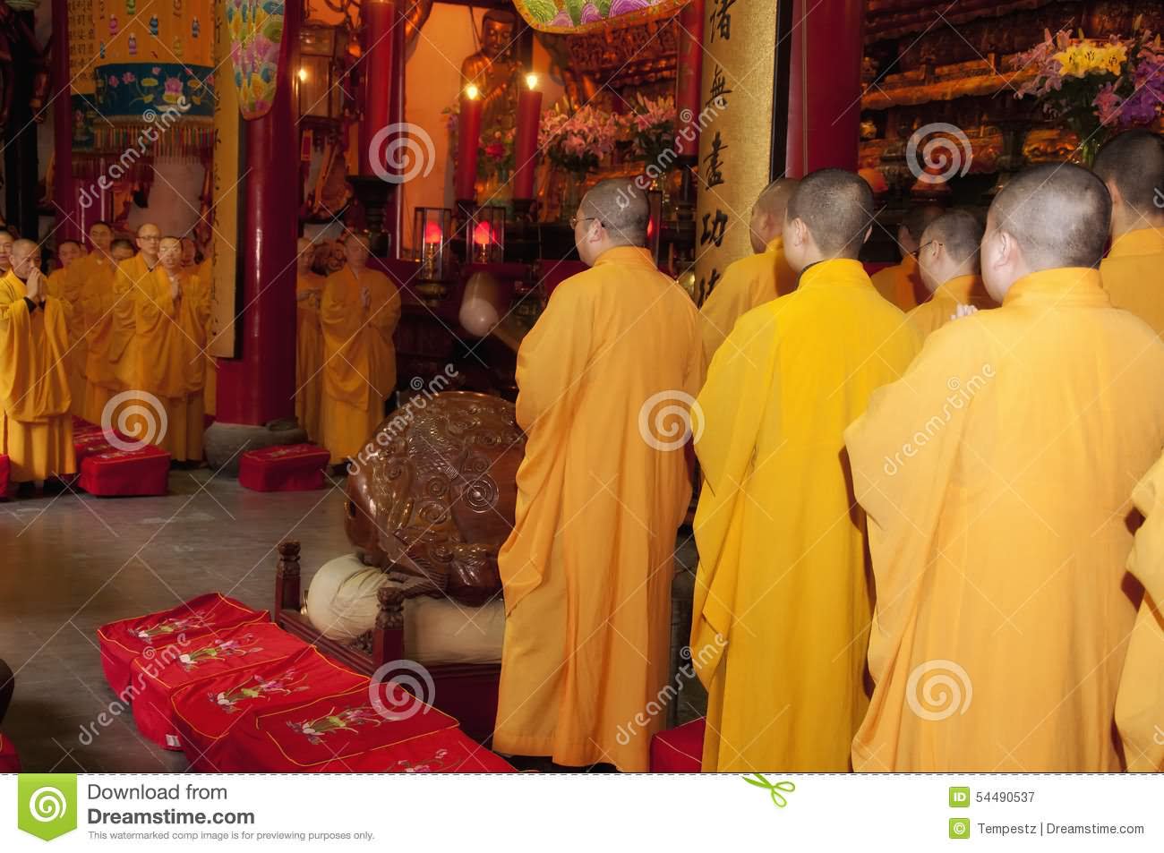 Buddhist Monks Praying Inside The Jade Buddha Temple