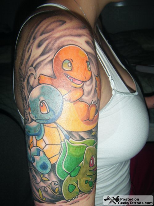 Charmander With Squirtle Pokemon Tattoo On Right Half Sleeve