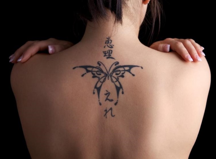 Classic Black Butterfly Tattoo On Upper Back