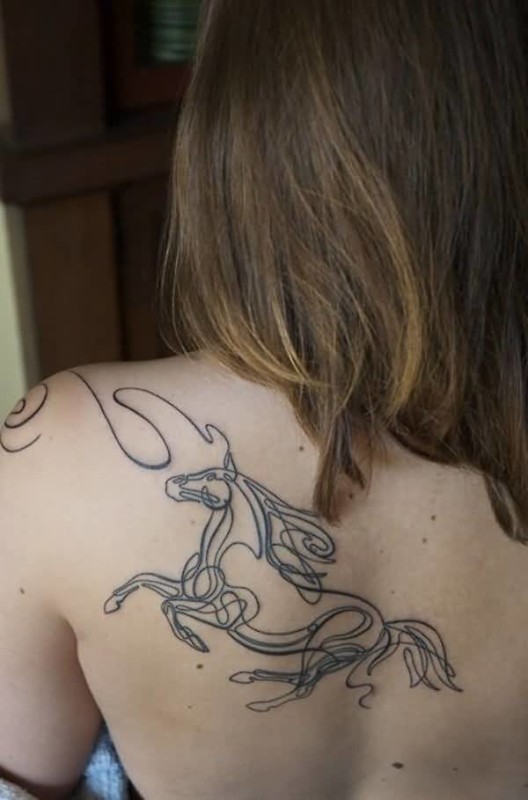 Classic Black Outline Horse Tattoo On Girl Upper Side Back