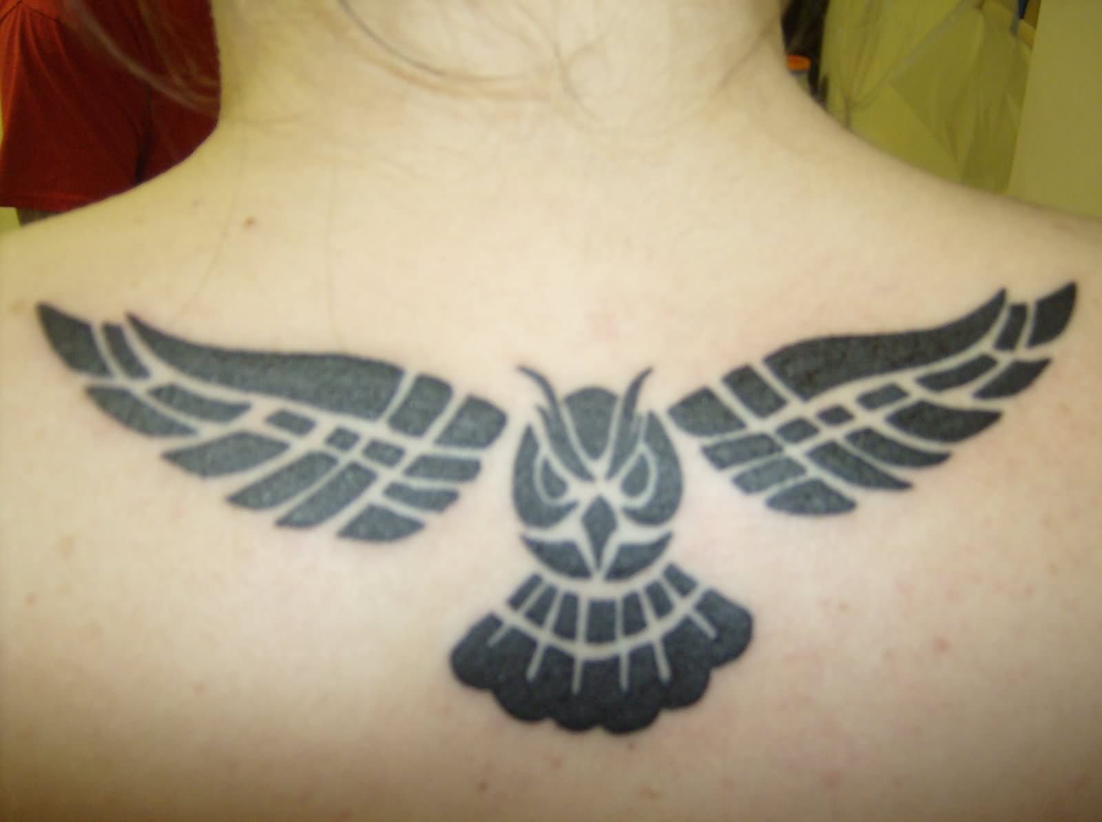 Classic Black Owl Tattoo On Upper Back