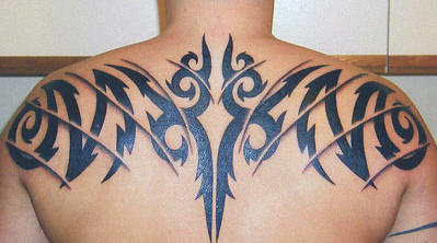 Classic Black Tribal Design Tattoo On Upper Back