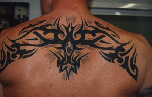 Classic Black Tribal Tattoo On Man Upper Back