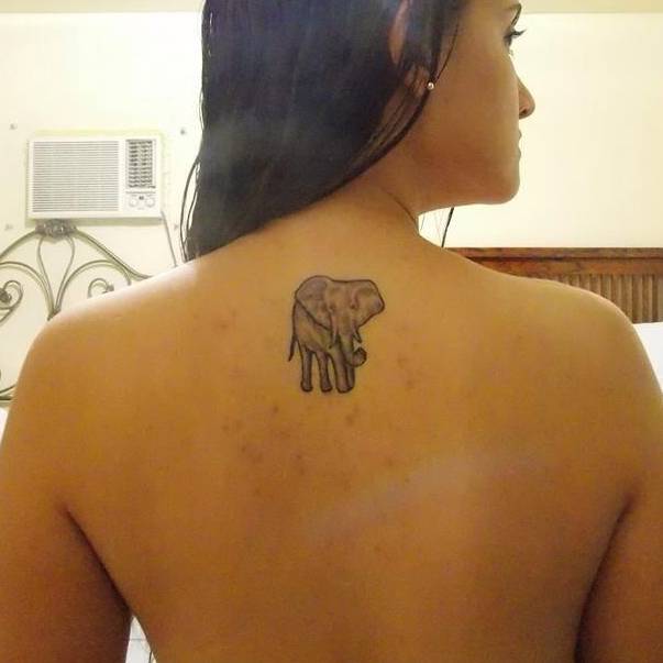 Classic Elephant Tattoo On Girl Upper Back