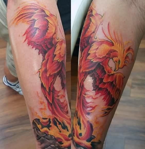 Classic Flaming Phoenix Tattoo Design For Leg