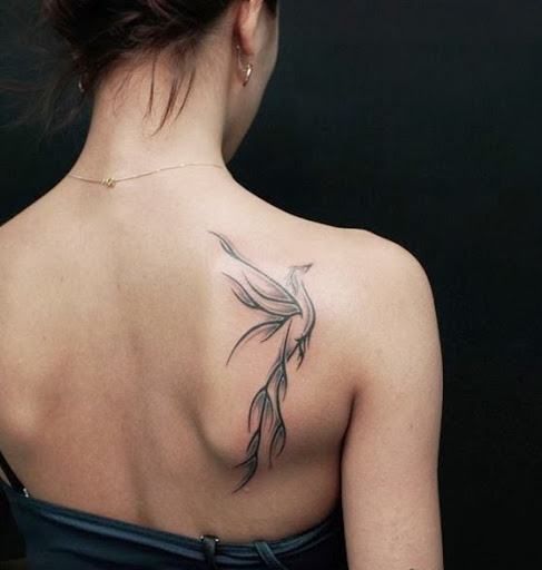 Classic Girly Phoenix Tattoo On Girl Right Back Shoulder