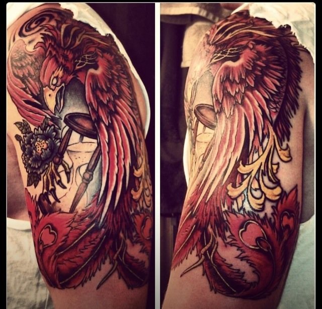 Classic Phoenix With Hourglass Tattoo On Half Sleeve