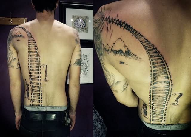 Classic Train Tracks Tattoo On Man Full Back