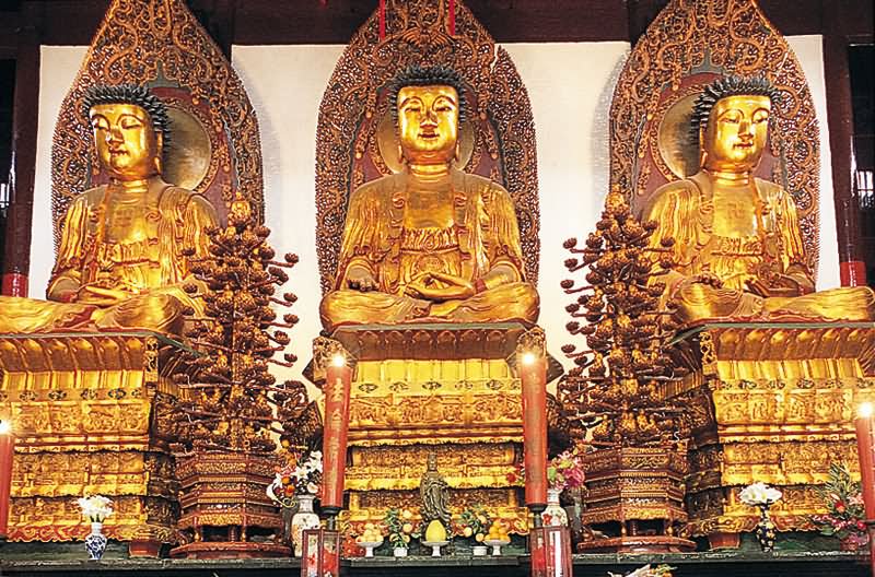 Closeup Of Lord Buddha Golden Statues Inside The Jade Buddha Temple
