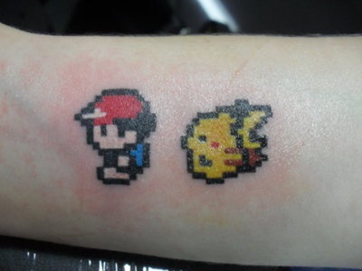 Colorful 8 Bit Ash And Pikachu Pokemon Tattoo Design For Forearm