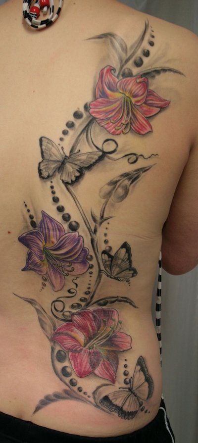 Colorful Flowers Tattoo Design For Upper Side Back