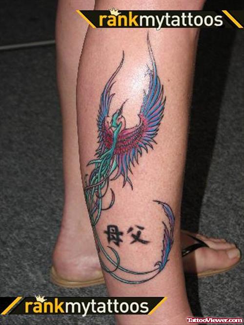 Colorful Flying Phoenix Tattoo On Right Leg