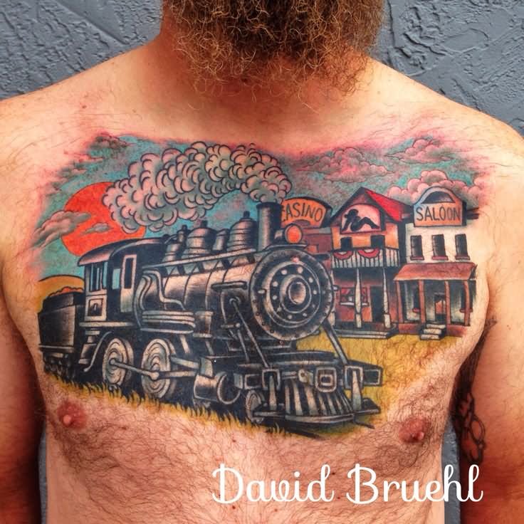 Colorful Freight Train Tattoo On Man Chest By David Bruehl
