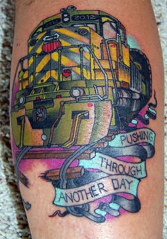 Colorful Freight Train With Banner Tattoo Design For Sleeve