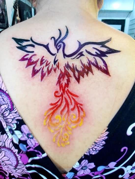 Colorful Girly Phoenix Tattoo Design For Upper Back